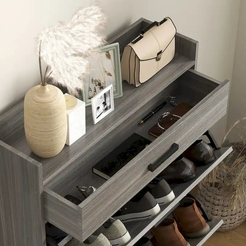 Casual Style Hall Tree Entryway Bench with Rattan Door Shelves and Shoe Cabinets, SOLID WOOD Feet
