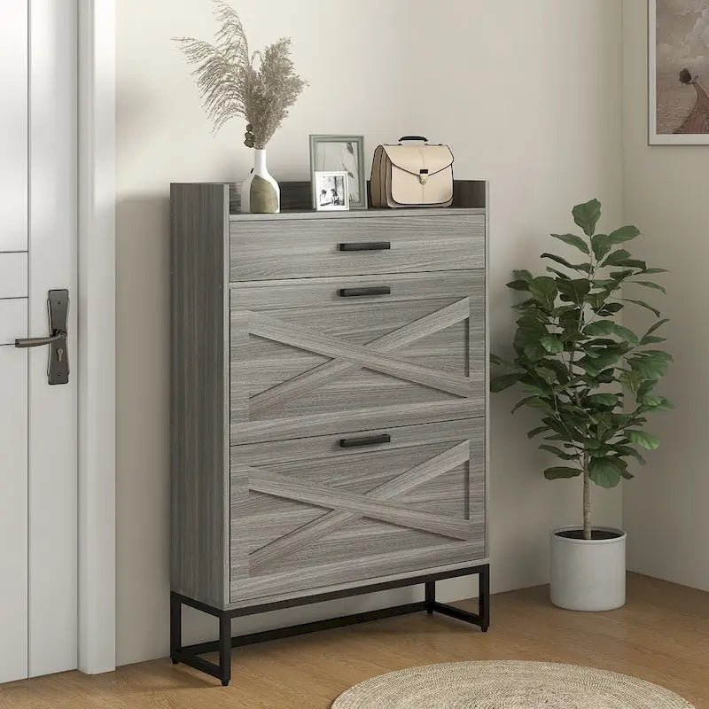 Casual Style Hall Tree Entryway Bench with Rattan Door Shelves and Shoe Cabinets, SOLID WOOD Feet