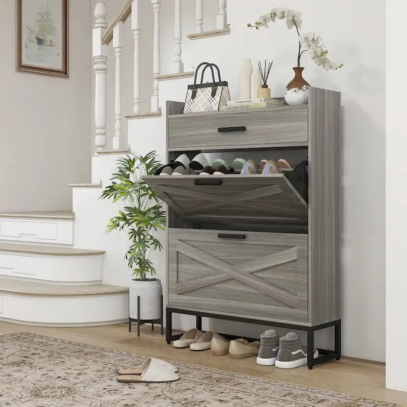 Casual Style Hall Tree Entryway Bench with Rattan Door Shelves and Shoe Cabinets, SOLID WOOD Feet