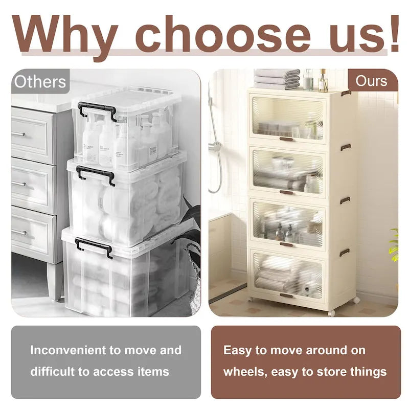 4 Tier Plastic Storage Bins with Lids 78QT, Stackable Storage Containers with Wheels, Folding Storage Boxes