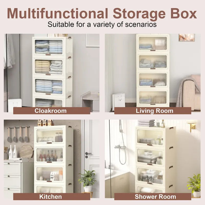 4 Tier Plastic Storage Bins with Lids 78QT, Stackable Storage Containers with Wheels, Folding Storage Boxes