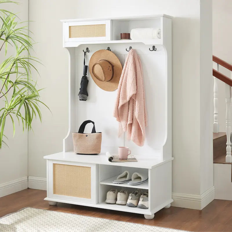 Clothes Hanger Hall Tree Storage Bench Shoe Rack with Rattan Door for Entryway