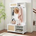 Clothes Hanger Hall Tree Storage Bench Shoe Rack with Rattan Door for Entryway