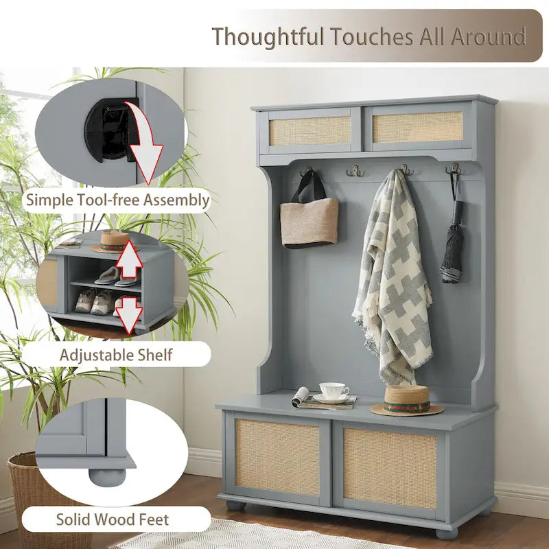 Clothes Hanger Hall Tree Storage Bench Shoe Rack with Rattan Door for Entryway