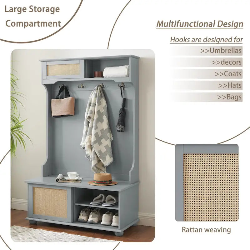 Clothes Hanger Hall Tree Storage Bench Shoe Rack with Rattan Door for Entryway