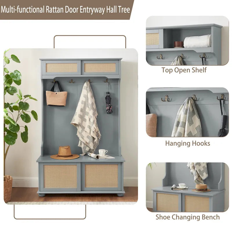 Clothes Hanger Hall Tree Storage Bench Shoe Rack with Rattan Door for Entryway