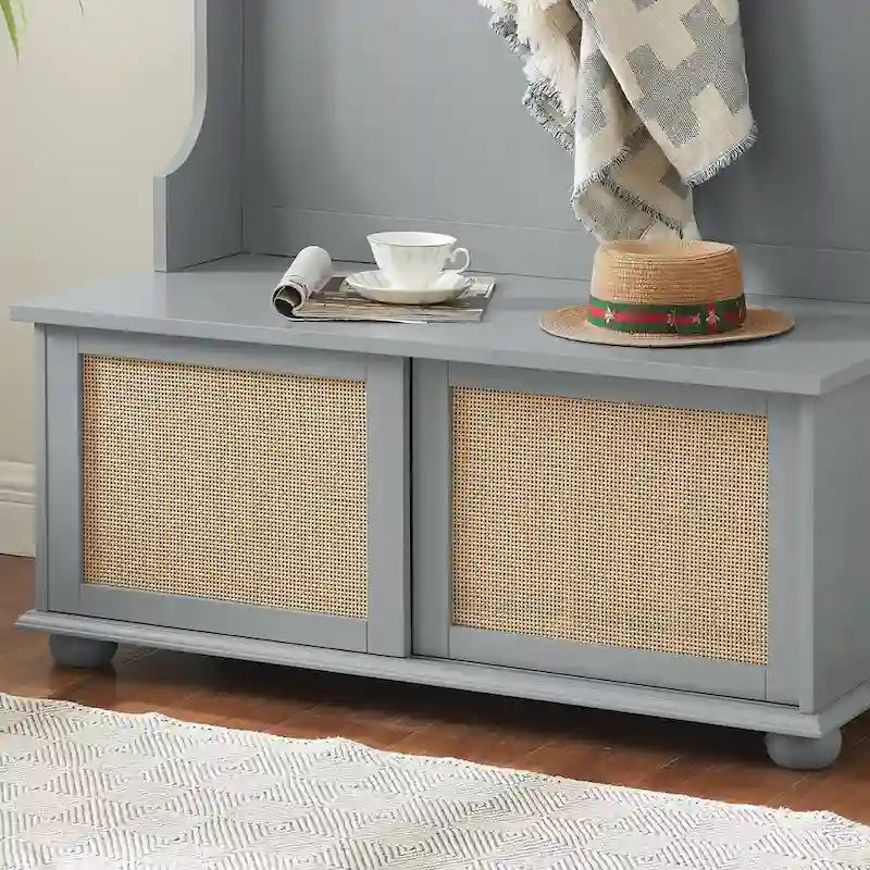 Clothes Hanger Hall Tree Storage Bench Shoe Rack with Rattan Door for Entryway
