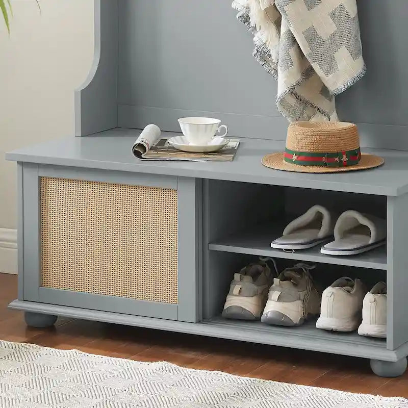 Clothes Hanger Hall Tree Storage Bench Shoe Rack with Rattan Door for Entryway