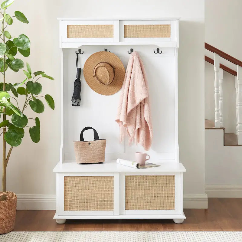 Clothes Hanger Hall Tree Storage Bench Shoe Rack with Rattan Door for Entryway