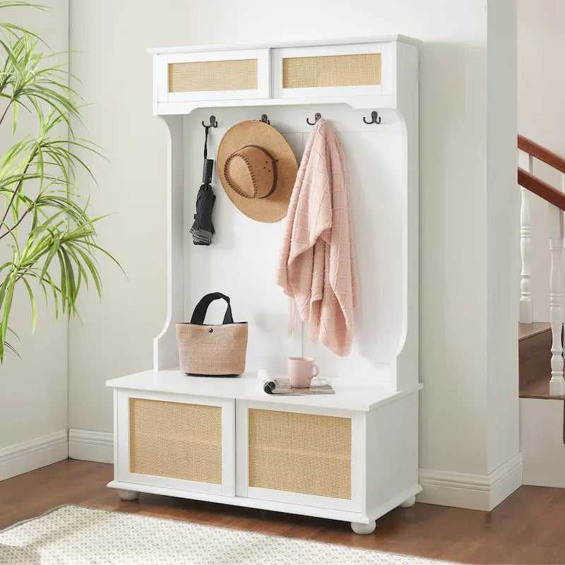 Clothes Hanger Hall Tree Storage Bench Shoe Rack with Rattan Door for Entryway