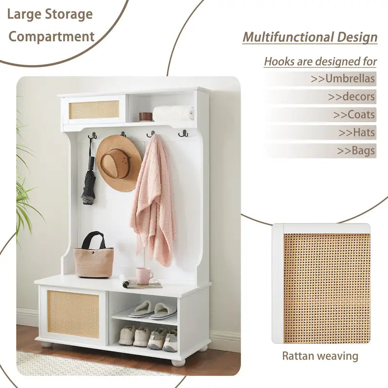 Clothes Hanger Hall Tree Storage Bench Shoe Rack with Rattan Door for Entryway
