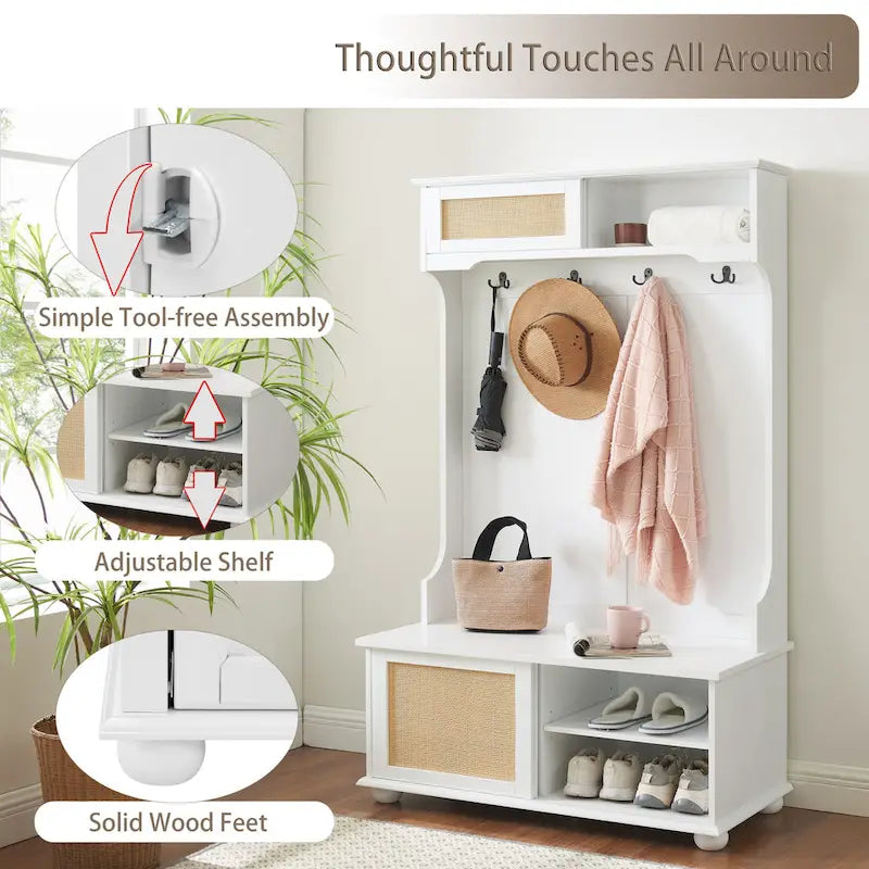 Clothes Hanger Hall Tree Storage Bench Shoe Rack with Rattan Door for Entryway