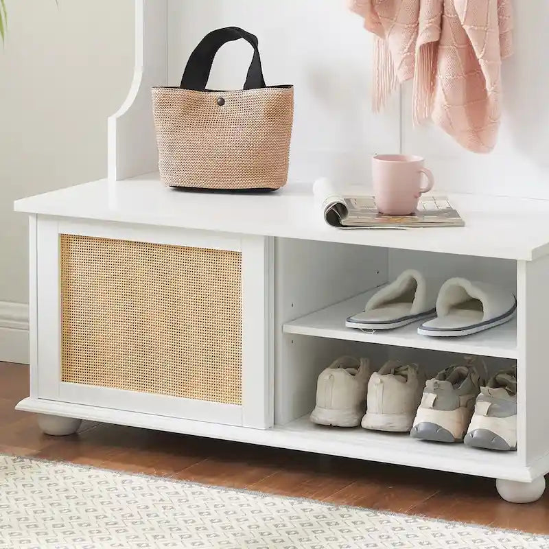 Clothes Hanger Hall Tree Storage Bench Shoe Rack with Rattan Door for Entryway
