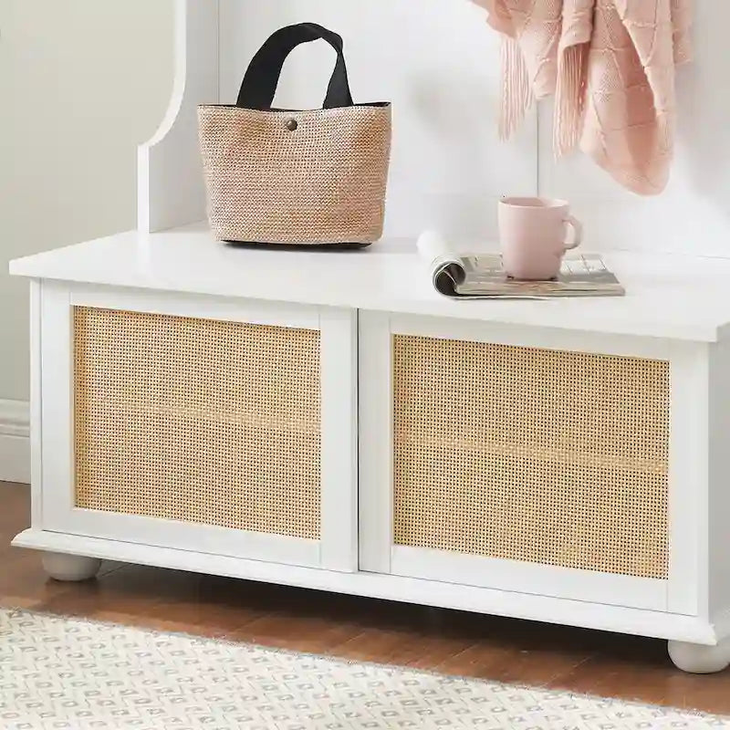Clothes Hanger Hall Tree Storage Bench Shoe Rack with Rattan Door for Entryway