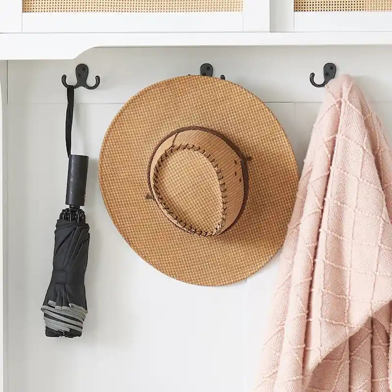Clothes Hanger Hall Tree Storage Bench Shoe Rack with Rattan Door for Entryway