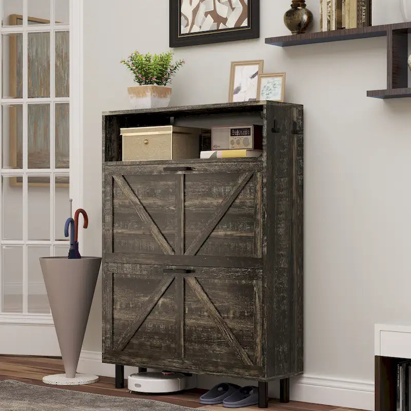 Farmhouse Shoe Storage Cabinet with Barn Door Design, Shoe Organizer with 2 Flip Drawers, Freestanding Narrow Shoe Rack Cabinet