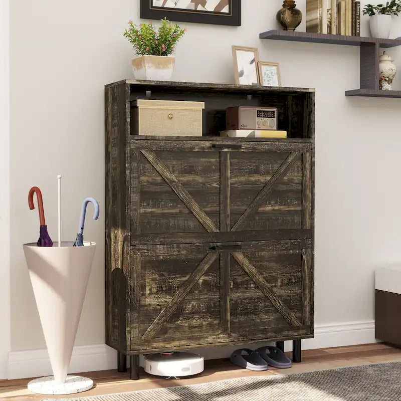 Farmhouse Shoe Storage Cabinet with Barn Door Design, Shoe Organizer with 2 Flip Drawers, Freestanding Narrow Shoe Rack Cabinet