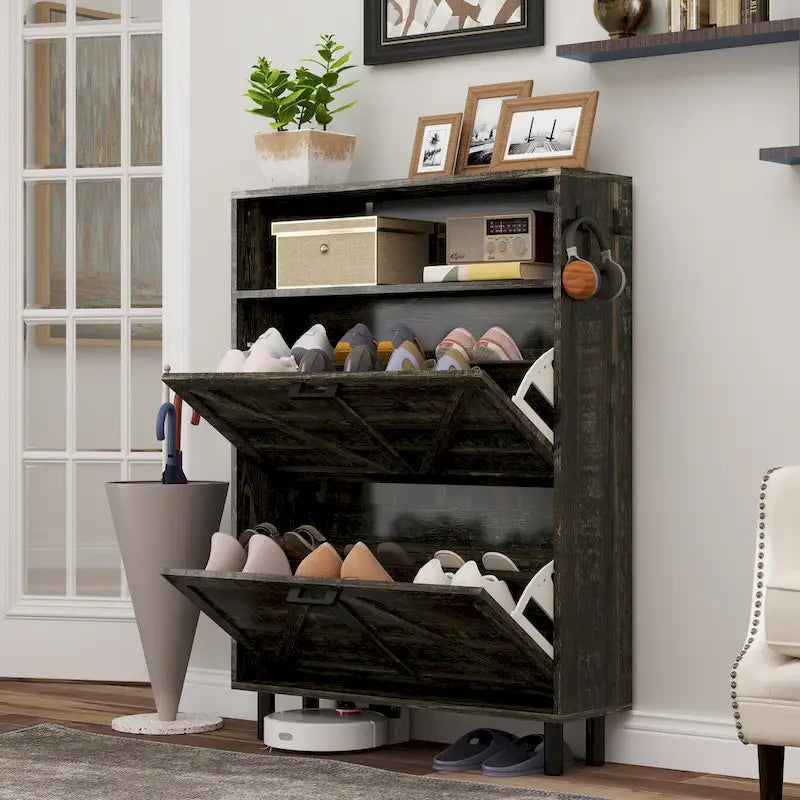 Farmhouse Shoe Storage Cabinet with Barn Door Design, Shoe Organizer with 2 Flip Drawers, Freestanding Narrow Shoe Rack Cabinet