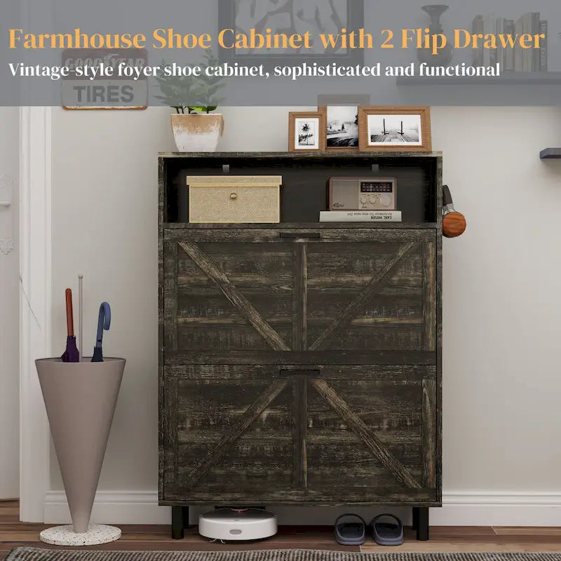 Farmhouse Shoe Storage Cabinet with Barn Door Design, Shoe Organizer with 2 Flip Drawers, Freestanding Narrow Shoe Rack Cabinet
