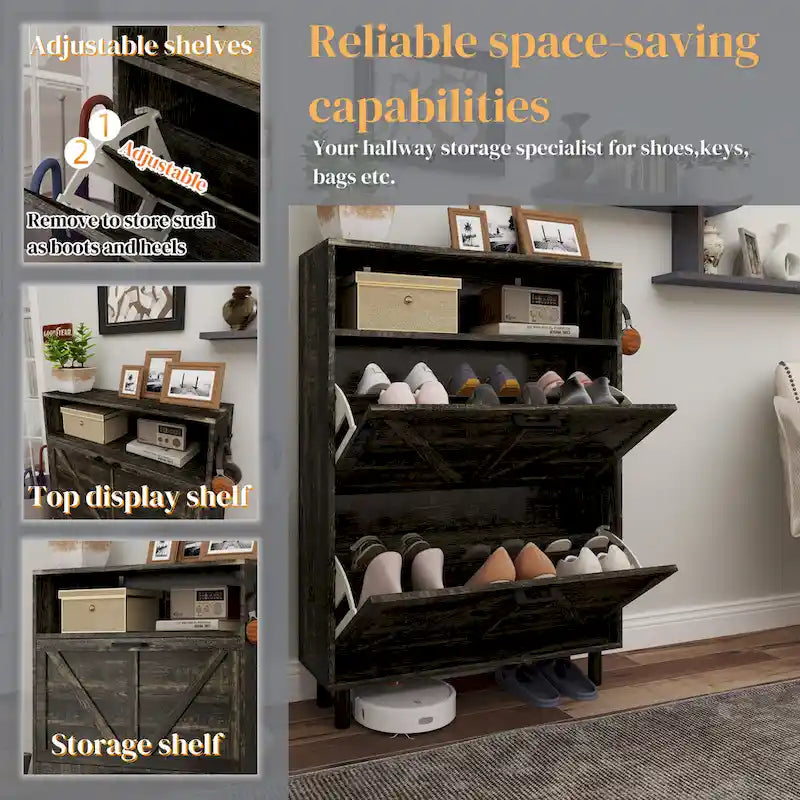 Farmhouse Shoe Storage Cabinet with Barn Door Design, Shoe Organizer with 2 Flip Drawers, Freestanding Narrow Shoe Rack Cabinet