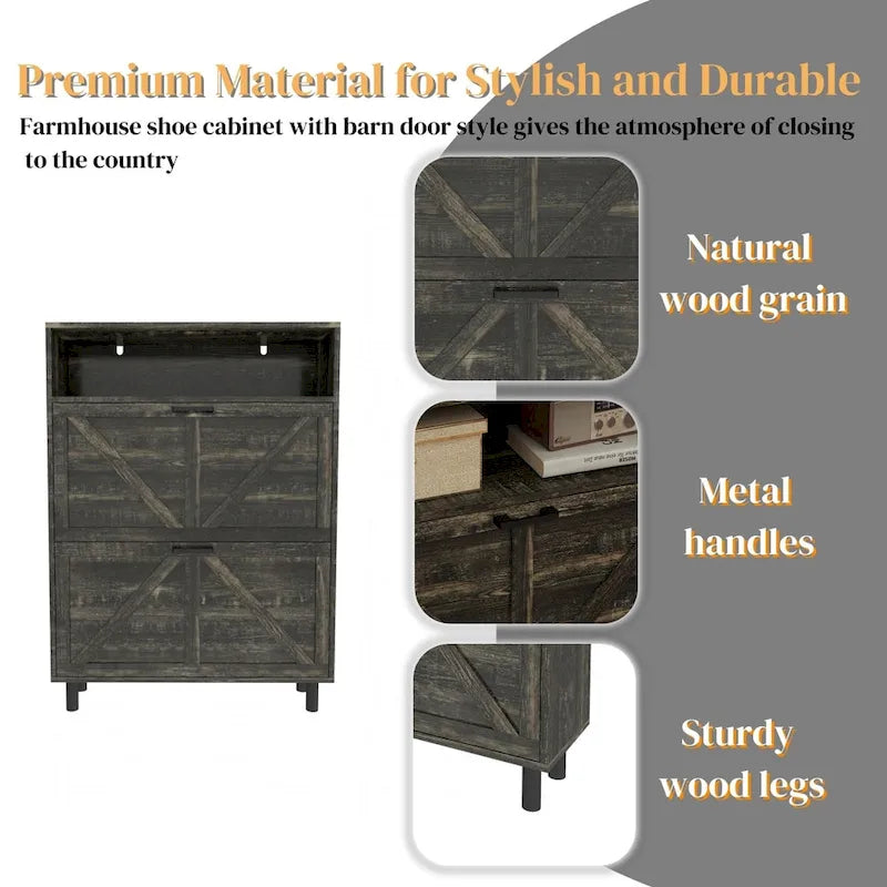 Farmhouse Shoe Storage Cabinet with Barn Door Design, Shoe Organizer with 2 Flip Drawers, Freestanding Narrow Shoe Rack Cabinet