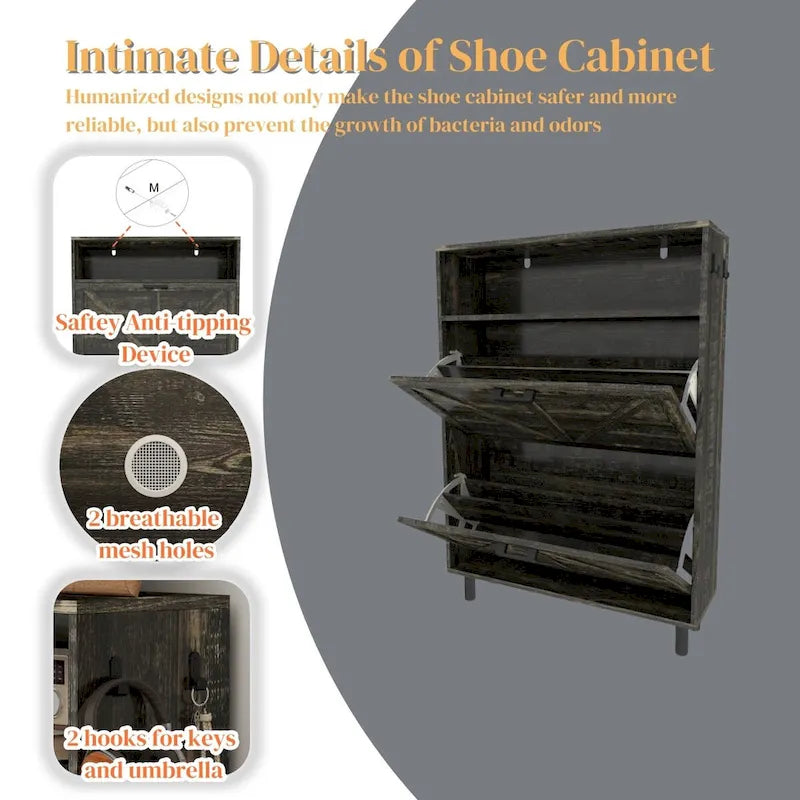 Farmhouse Shoe Storage Cabinet with Barn Door Design, Shoe Organizer with 2 Flip Drawers, Freestanding Narrow Shoe Rack Cabinet