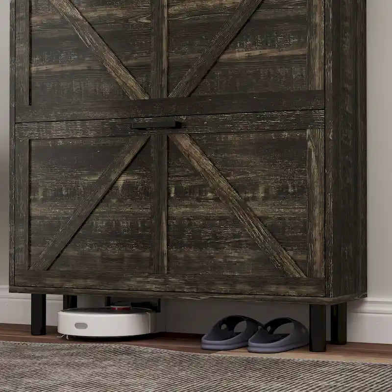 Farmhouse Shoe Storage Cabinet with Barn Door Design, Shoe Organizer with 2 Flip Drawers, Freestanding Narrow Shoe Rack Cabinet