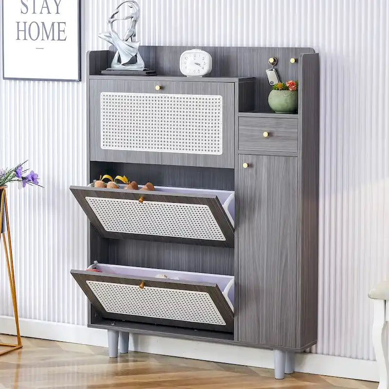 Organizer Shoe Cabinet Storage with Rattan Doors & Adjustable Shelves, Modern Hidden Shoe Rack with 3 Flip Drawers