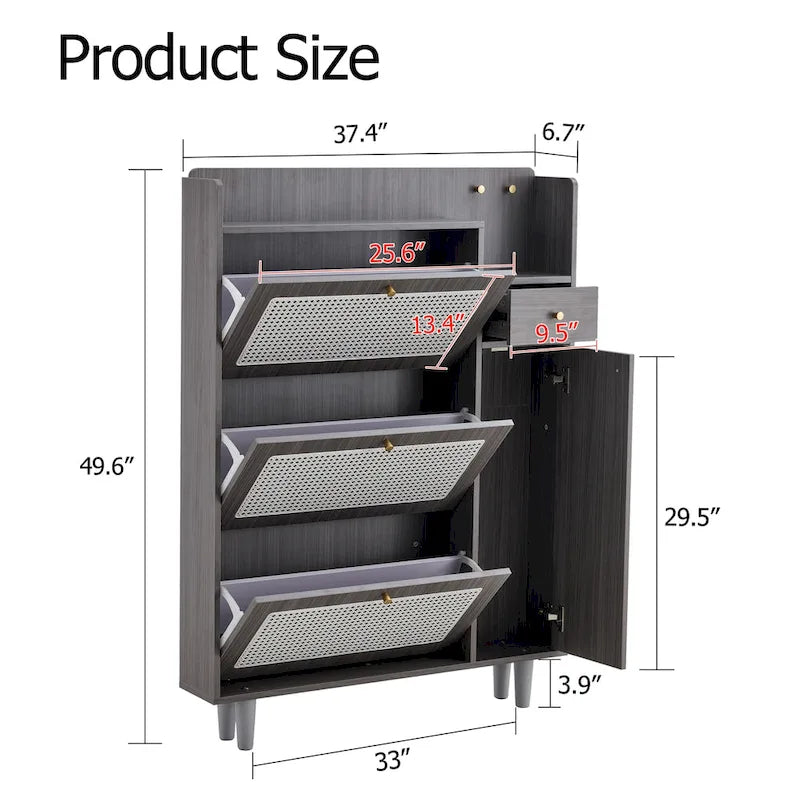 Organizer Shoe Cabinet Storage with Rattan Doors & Adjustable Shelves, Modern Hidden Shoe Rack with 3 Flip Drawers