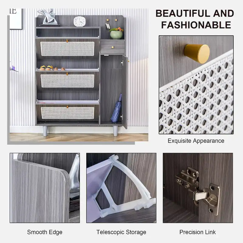 Organizer Shoe Cabinet Storage with Rattan Doors & Adjustable Shelves, Modern Hidden Shoe Rack with 3 Flip Drawers