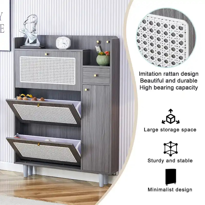 Organizer Shoe Cabinet Storage with Rattan Doors & Adjustable Shelves, Modern Hidden Shoe Rack with 3 Flip Drawers