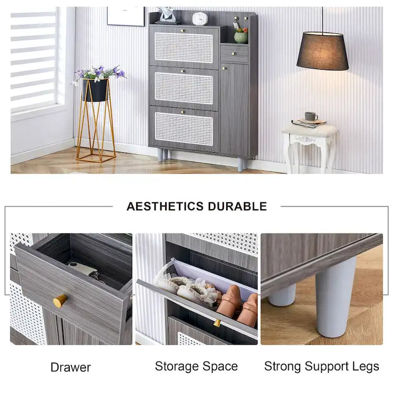 Organizer Shoe Cabinet Storage with Rattan Doors & Adjustable Shelves, Modern Hidden Shoe Rack with 3 Flip Drawers