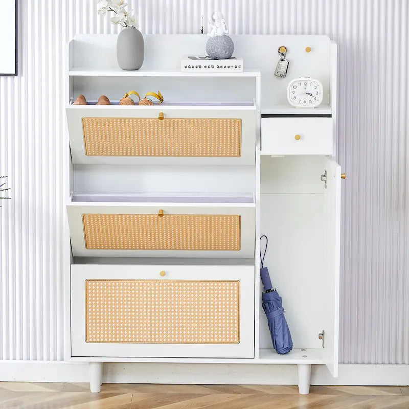 Organizer Shoe Cabinet Storage with Rattan Doors & Adjustable Shelves, Modern Hidden Shoe Rack with 3 Flip Drawers