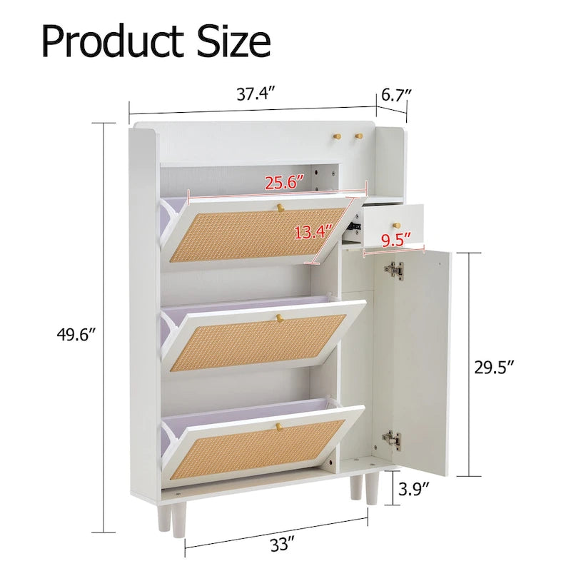 Organizer Shoe Cabinet Storage with Rattan Doors & Adjustable Shelves, Modern Hidden Shoe Rack with 3 Flip Drawers