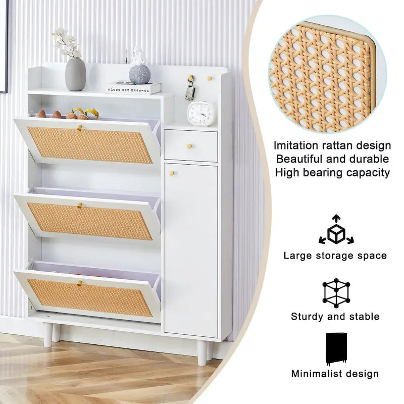 Organizer Shoe Cabinet Storage with Rattan Doors & Adjustable Shelves, Modern Hidden Shoe Rack with 3 Flip Drawers