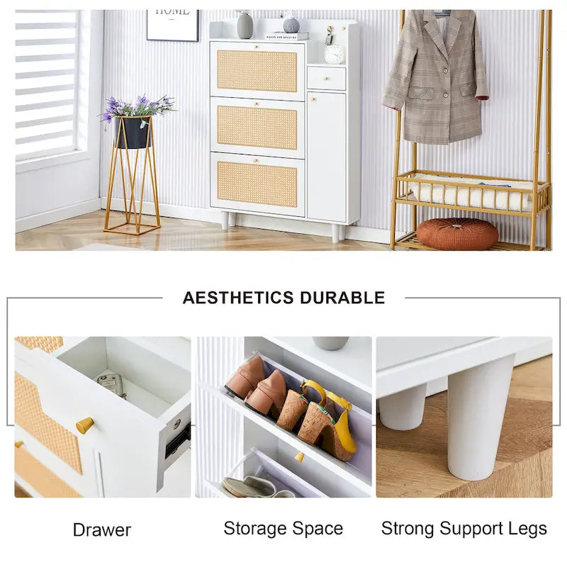 Organizer Shoe Cabinet Storage with Rattan Doors & Adjustable Shelves, Modern Hidden Shoe Rack with 3 Flip Drawers