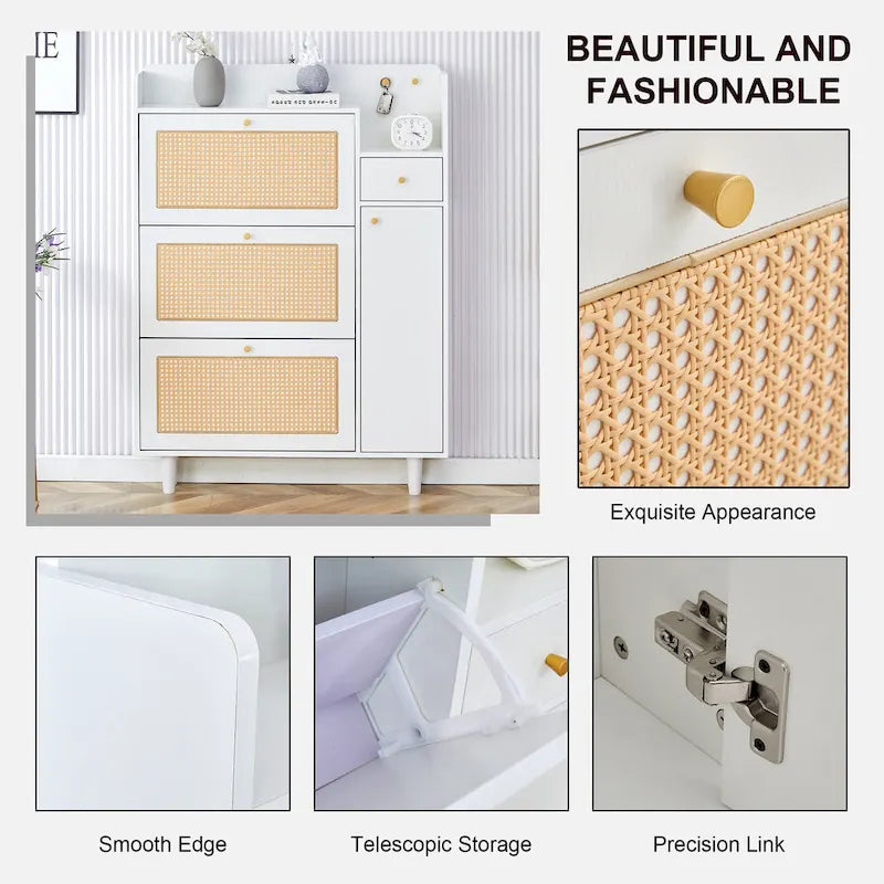 Organizer Shoe Cabinet Storage with Rattan Doors & Adjustable Shelves, Modern Hidden Shoe Rack with 3 Flip Drawers