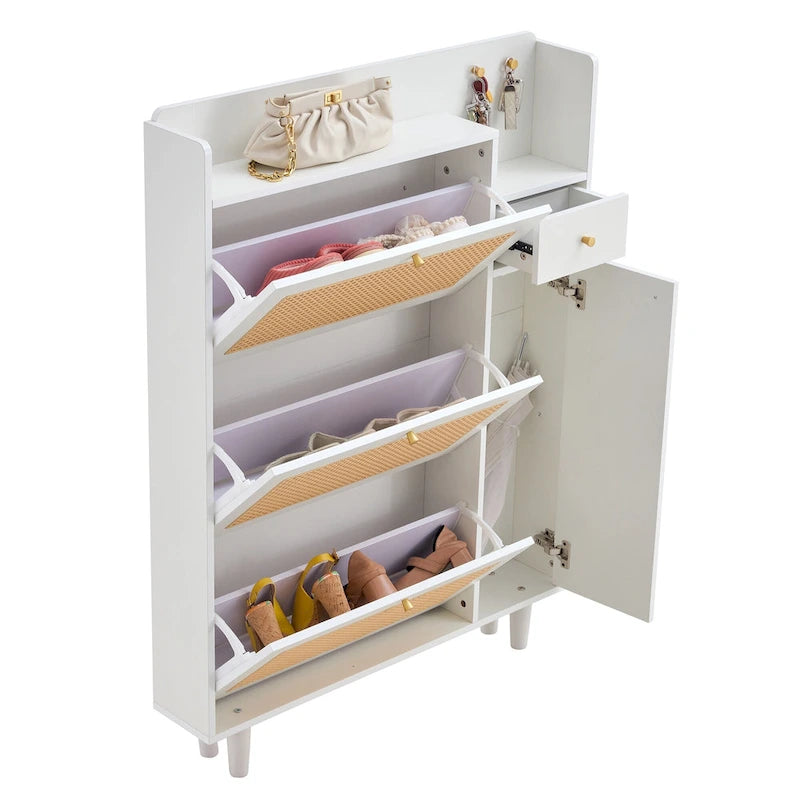 Organizer Shoe Cabinet Storage with Rattan Doors & Adjustable Shelves, Modern Hidden Shoe Rack with 3 Flip Drawers