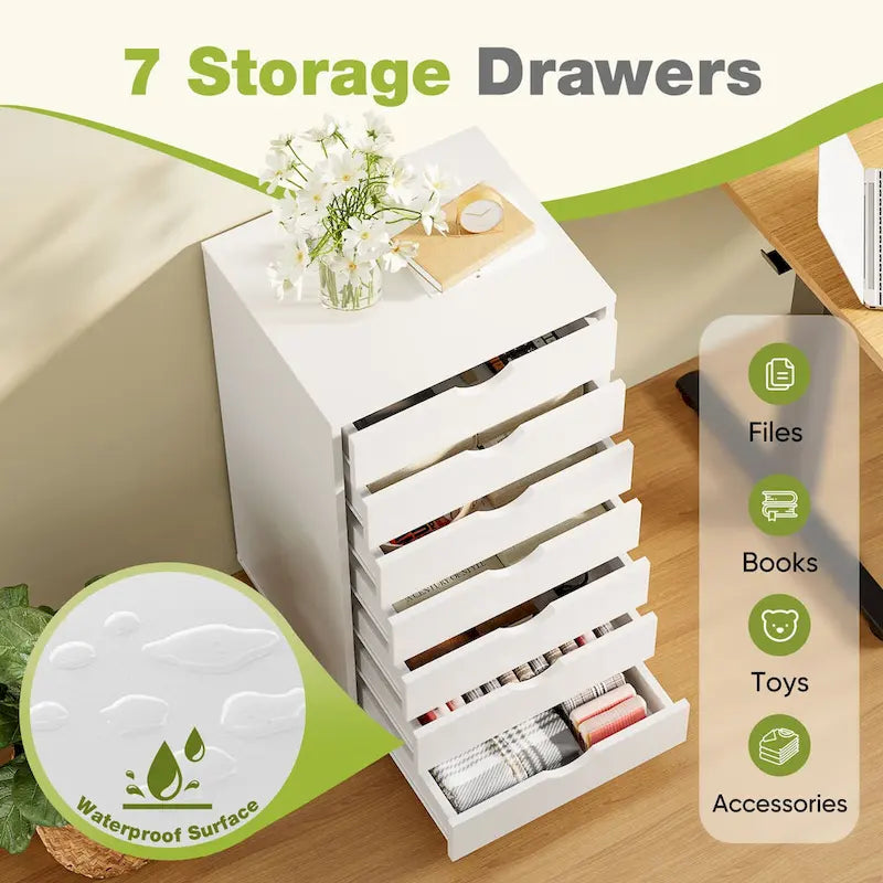 7-Drawer Vertical File Cabinet, Mobile Rolling Storage Dresser with Wheels