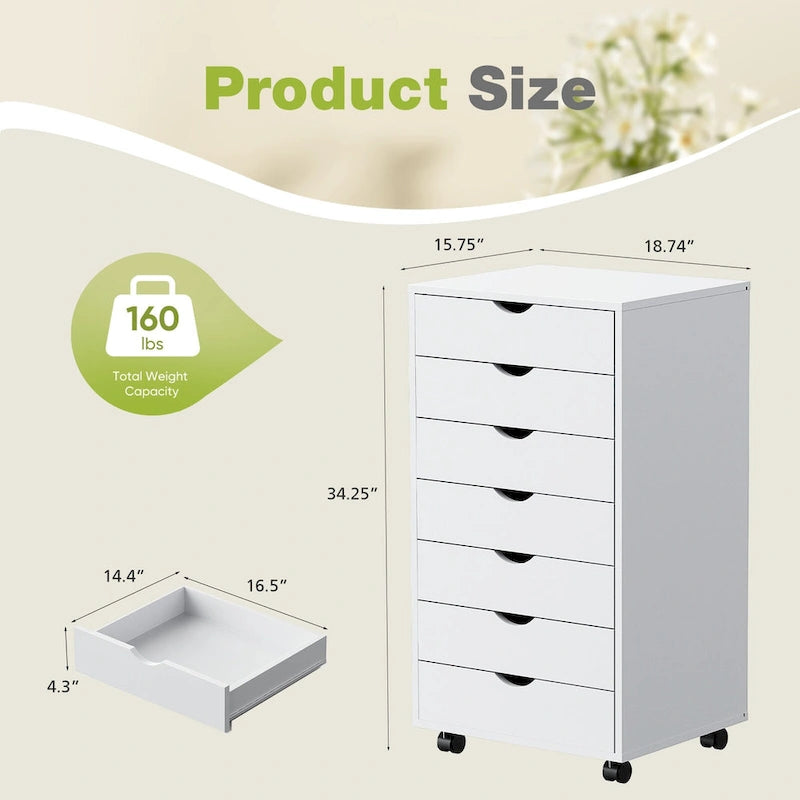 7-Drawer Vertical File Cabinet, Mobile Rolling Storage Dresser with Wheels
