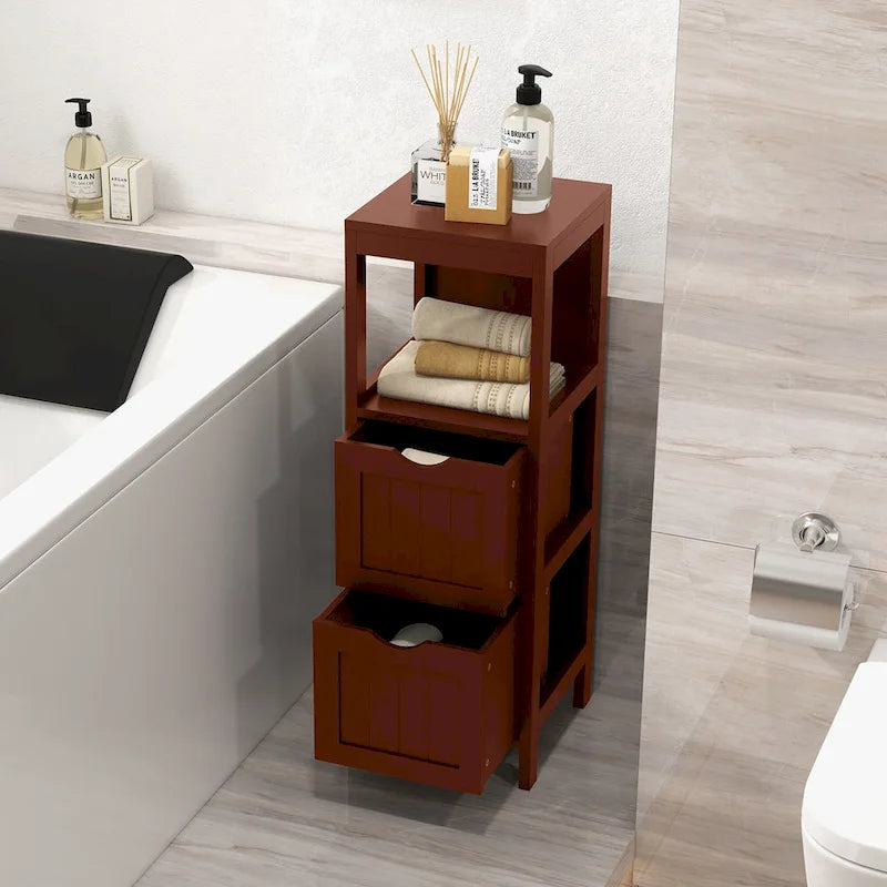 4-Tier Freestanding Bathroom Floor Cabinet with 2 Drawers & Open Shelf, MDF