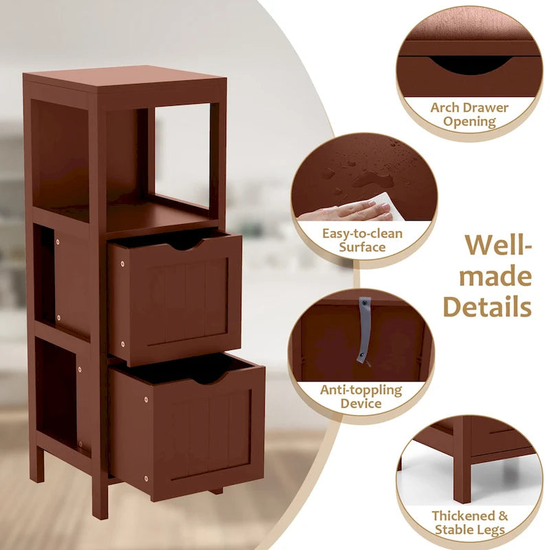 4-Tier Freestanding Bathroom Floor Cabinet with 2 Drawers & Open Shelf, MDF