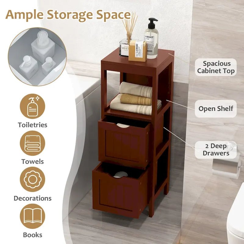 4-Tier Freestanding Bathroom Floor Cabinet with 2 Drawers & Open Shelf, MDF