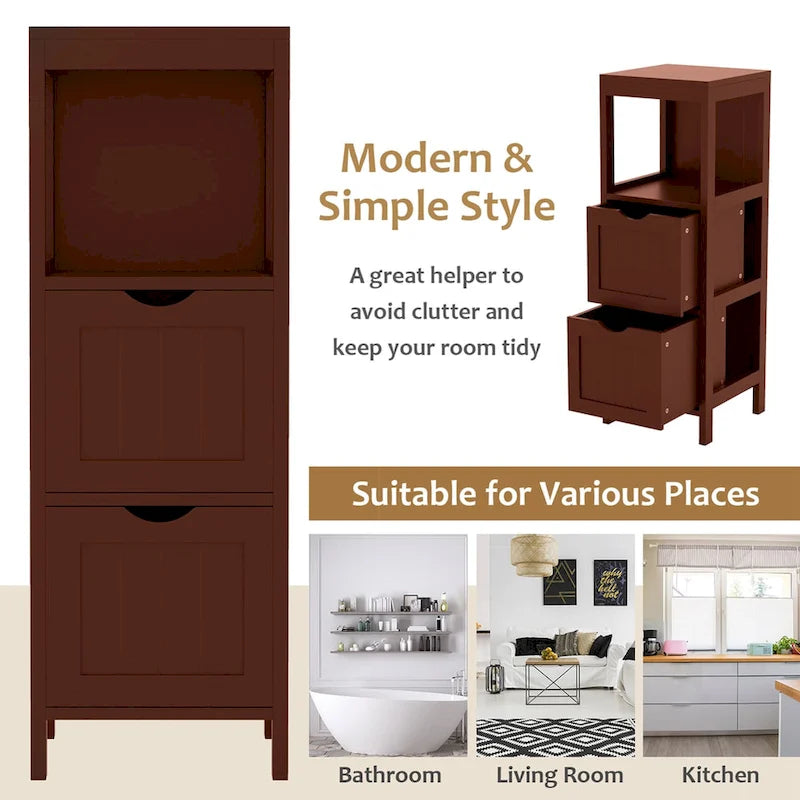 4-Tier Freestanding Bathroom Floor Cabinet with 2 Drawers & Open Shelf, MDF