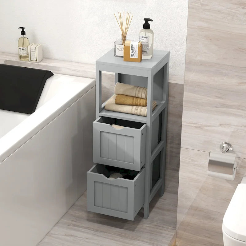 4-Tier Freestanding Bathroom Floor Cabinet with 2 Drawers & Open Shelf, MDF