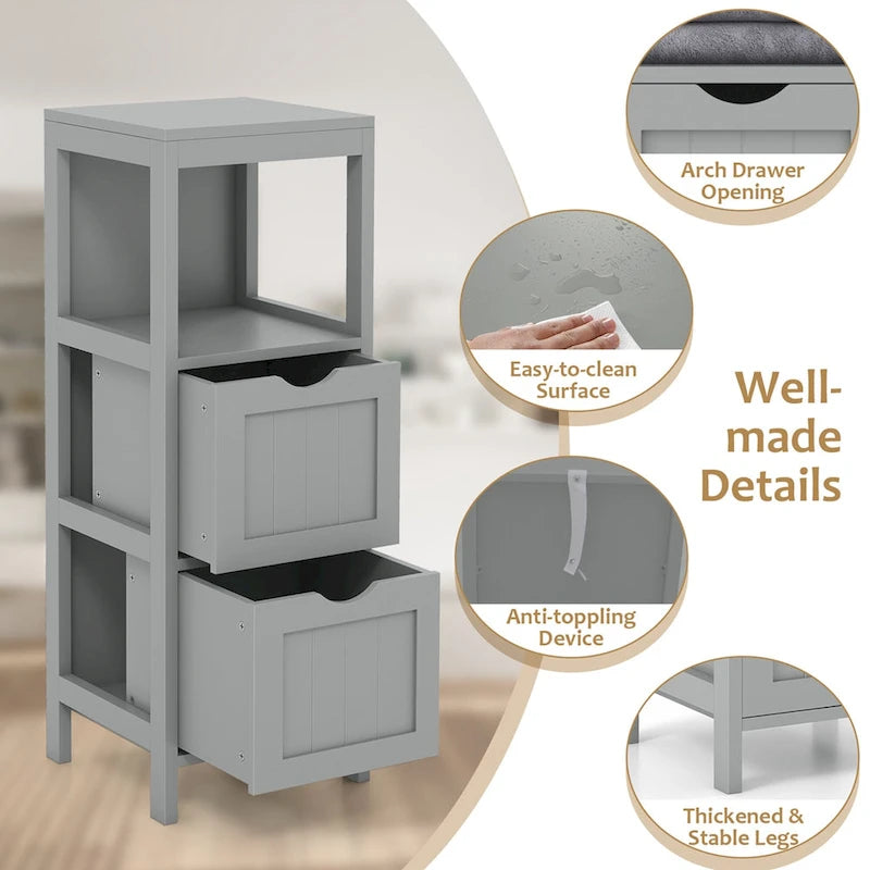 4-Tier Freestanding Bathroom Floor Cabinet with 2 Drawers & Open Shelf, MDF