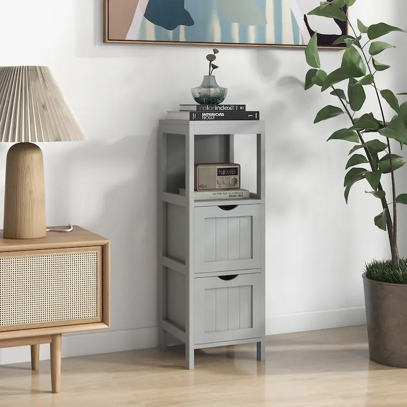 4-Tier Freestanding Bathroom Floor Cabinet with 2 Drawers & Open Shelf, MDF