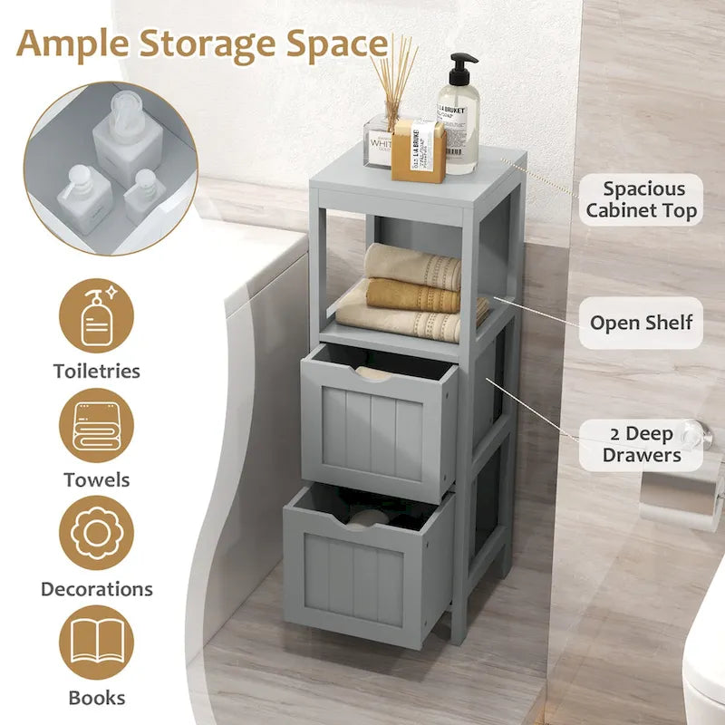 4-Tier Freestanding Bathroom Floor Cabinet with 2 Drawers & Open Shelf, MDF