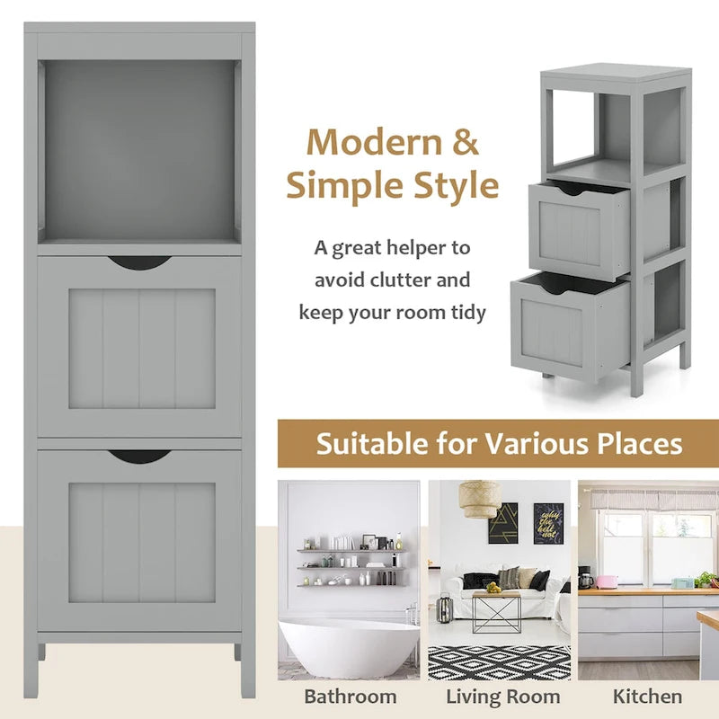 4-Tier Freestanding Bathroom Floor Cabinet with 2 Drawers & Open Shelf, MDF