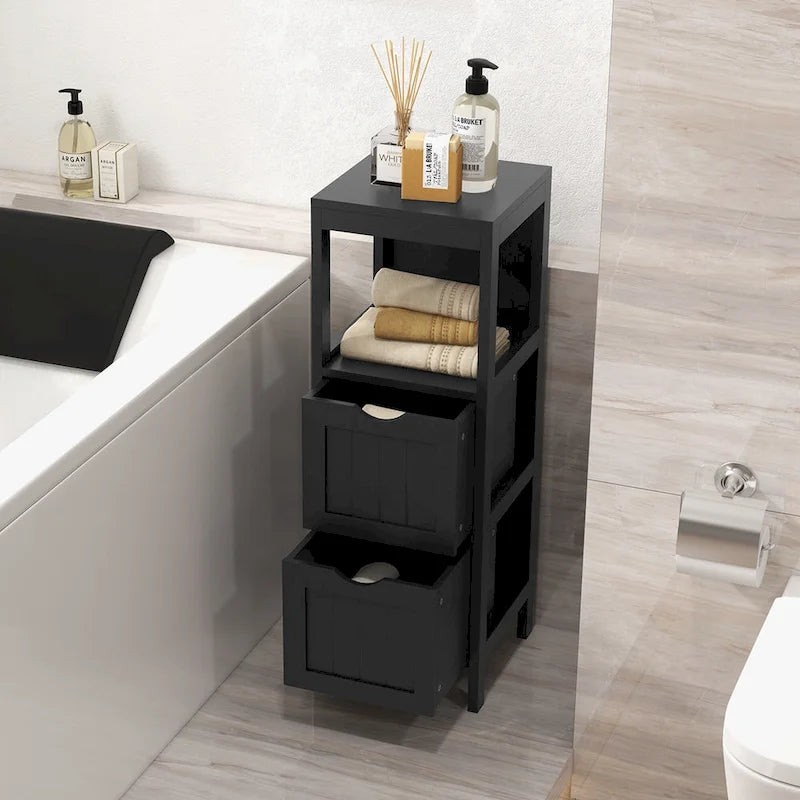 4-Tier Freestanding Bathroom Floor Cabinet with 2 Drawers & Open Shelf, MDF